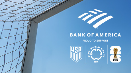 Blue sky, corner of soccer goal; Bank of America soccer partnerships logo